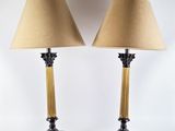 pair of antique brass and bronze table lamps with lampshads