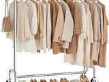 a picture of a rack with clothes and shoes on it