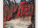 an image of a painting of a red tent in the woods