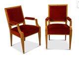 pair of art deco armchairs with red velvet upholstered seats