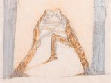 dessin représentant un homme et une femme debout l'un à côté de l'autre devant un bâtiment