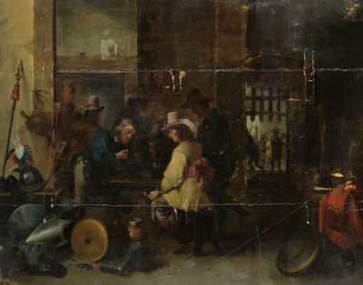 tableau représentant un groupe d'hommes et de femmes dans une pièce où se trouve une horloge