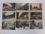 several old black and white photographs of people in front of a building