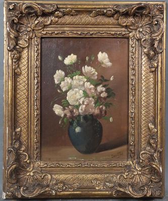 painting of flowers in a vase on a table in a gold frame