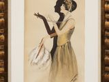 a painting of a woman in a dress and hat holding a fan