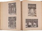 an open book with four pictures of a building and a building