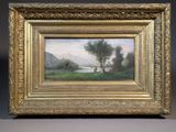 an image of a painting of a landscape with a river in the foreground