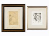 deux dessins encadrés représentant le visage d'une femme et la tête d'un homme