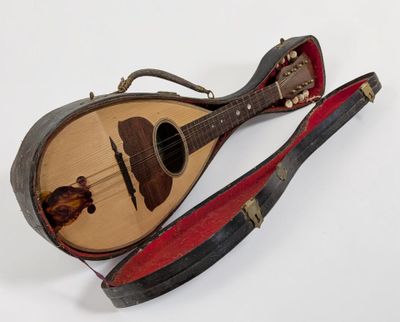 une petite guitare dans un étui, posée sur une surface blanche