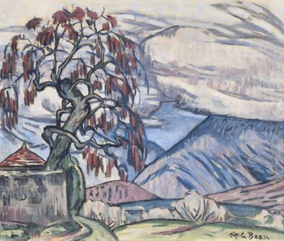 une image représentant une peinture d'un arbre dans un champ, avec des montagnes en arrière-plan