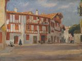 painting of a street scene with buildings and people walking on the sidewalk
