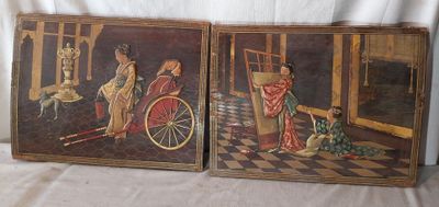 paire de peintures chinoises anciennes représentant une femme et un homme dans une pièce