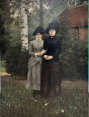 tableau représentant deux femmes debout l'une à côté de l'autre devant un arbre