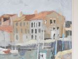 a painting of boats in a harbor with buildings in the background