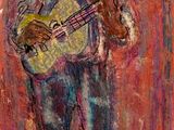 an oil painting of a man playing a guitar in front of a red background
