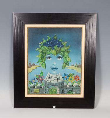un tableau représentant le visage d'une femme avec des fleurs dans les cheveux