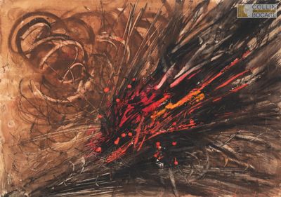 peinture abstraite représentant un bouquet de fleurs rouges et noires sur fond marron