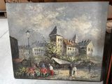 painting of a painting of a street scene with people and buildings