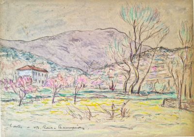 dessin représentant un paysage avec une maison et des arbres au premier plan