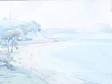 un tableau représentant une vue de plage avec un phare au loin
