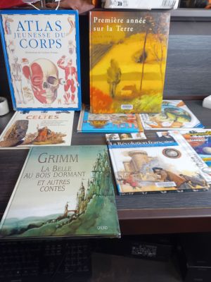 Plusieurs livres pour enfants sont posés sur une table devant un ordinateur.
