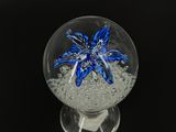 a glass vase with a blue flower inside of it