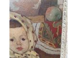 une peinture à l'huile représentant un bébé emmailloté et un bol de fruits