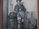 painting of a young boy standing next to a barrel with a smile on his face