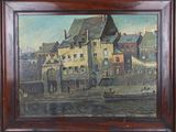an oil painting of a city scene with a boat in the foreground