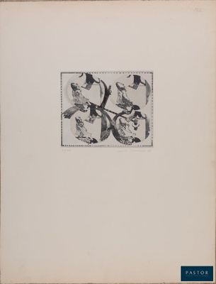 a black and white drawing of birds on a branch with leaves