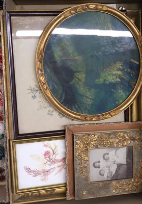 a lot of framed pictures on a shelf in a room