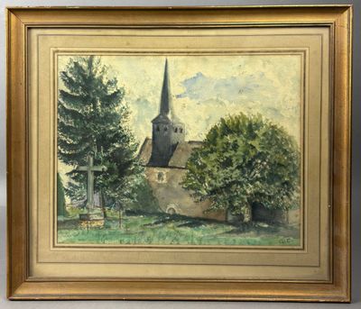 an oil painting of a church and trees in a field