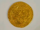 a close up of a gold coin on a white surface