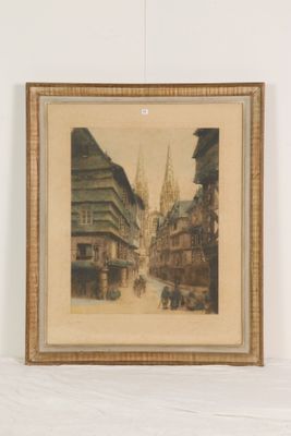 tableau représentant une scène de rue avec une calèche au premier plan