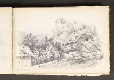 an old book with a drawing of a castle in the background