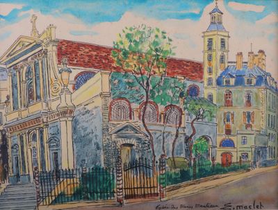 painting of a church with a steeple and a steeple on the side