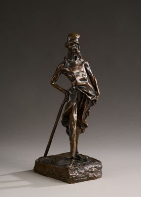 statue en bronze représentant un homme muni d'une canne et coiffé d'un chapeau