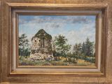 a painting of an old stone building in a field with trees