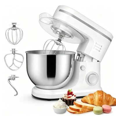 a white mixer with a metal bowl and a pastry scooper