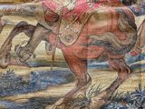 an image of a tapestry with a man riding a horse and another man riding a horse