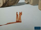 a drawing of two people standing in front of a rock
