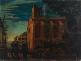 an old painting of a church with people standing in front of it