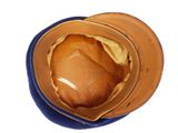 a brown hat sitting on top of a blue hat