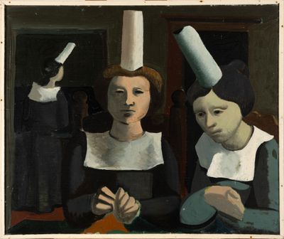 painting of two women sitting at a table with a knife in their hand