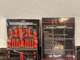 two different types of screwdrivers are sitting on a bed