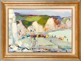 une peinture à l'huile d'une scène de plage avec des bateaux dans l'eau