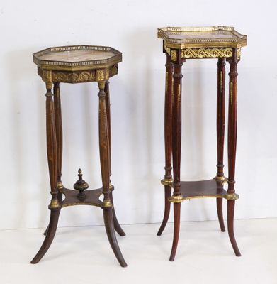 pair of antique side tables with marble top and wooden legs