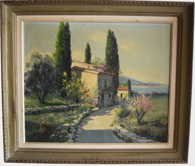 an oil painting of a country road with a house and trees