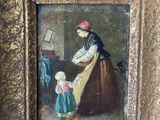un vieux tableau représentant une femme et un enfant dans une pièce
