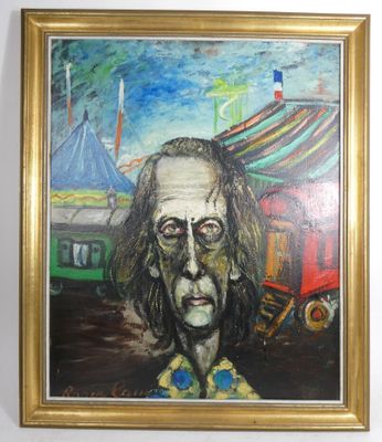 peinture d'un homme avec des lunettes et une tente de carnaval en arrière-plan